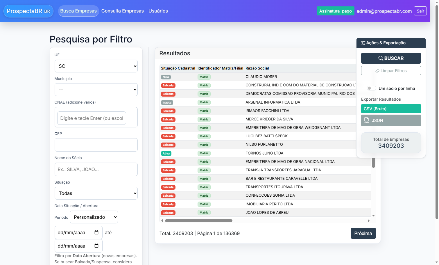 Dashboard BuscaCNPJ com filtros, dados e exportação